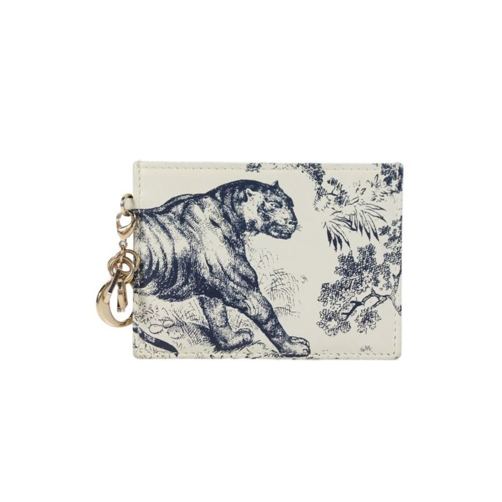 Christian Dior Womens Logo Charm Toile De Jouy Tiger Card Wallet White Blue 4"